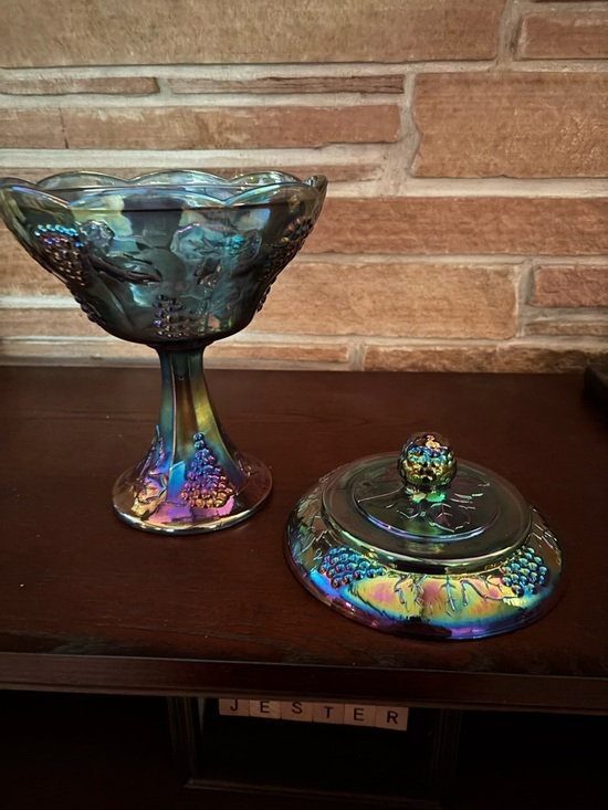 Other - Beautiful Vintage Carnival Glass Compote with Lid - Blue-Green Accent